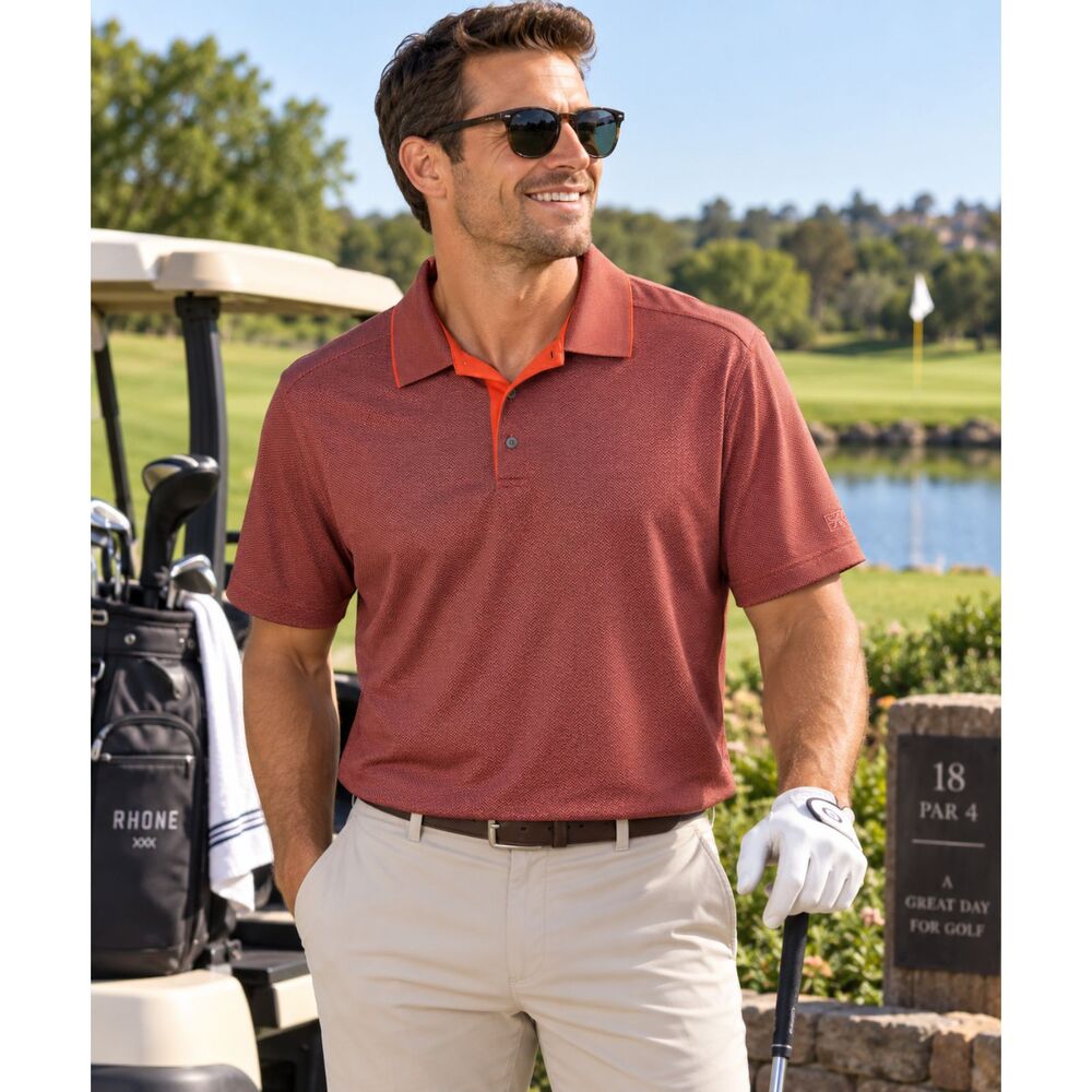Rhone Men XL Performance Golf Polo Red Orange Micro Herringbone Short Sleeve #18